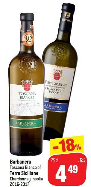 Promoties Barbanera toscana bianco of terre siciliane chardonnay insolia - Witte wijnen - Geldig van 17/10/2018 tot 23/10/2018 bij Match