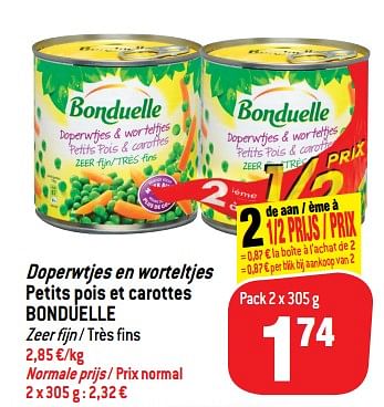 Promoties Doperwtjes en worteltjes petits pois et carottes - Bonduelle - Geldig van 17/10/2018 tot 23/10/2018 bij Match