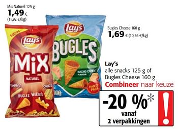 Promoties Lay`s alle snacks of bugles cheese - Lay's - Geldig van 10/10/2018 tot 23/10/2018 bij Colruyt
