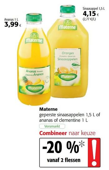Promoties Materne geperste sinaasappelen of ananas of clementine - Materne - Geldig van 10/10/2018 tot 23/10/2018 bij Colruyt