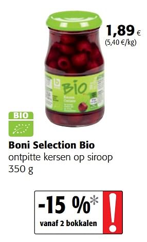 Promoties Boni selection bio ontpitte kersen op siroop - Boni - Geldig van 10/10/2018 tot 23/10/2018 bij Colruyt