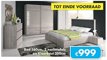 Promoties Bed 160cm, 2 nachttafels en kleerkast 250cm - Huismerk - O & O Trendy Wonen - Geldig van 15/10/2018 tot 30/11/2018 bij O & O Trendy Wonen