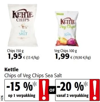 Promotions Kettle chips of veg chips sea salt - Kettle - Valide de 10/10/2018 à 23/10/2018 chez Colruyt