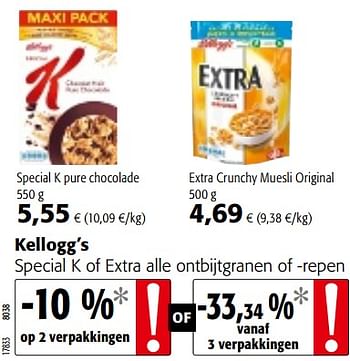 Promoties Kellogg`s special k of extra alle ontbijtgranen of -repen - Kellogg's - Geldig van 10/10/2018 tot 23/10/2018 bij Colruyt