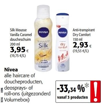 Promoties Nivea alle haircare of doucheproducten, deosprays- of roll-ons - Nivea - Geldig van 10/10/2018 tot 23/10/2018 bij Colruyt
