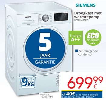 Promoties Siemens droogkast met warmtepomp wt7u46sfg - Siemens - Geldig van 01/10/2018 tot 28/10/2018 bij Eldi