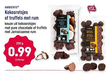 Promoties Kokosrotsjes of truffels met rum - Ambiente - Geldig van 15/10/2018 tot 20/10/2018 bij Aldi