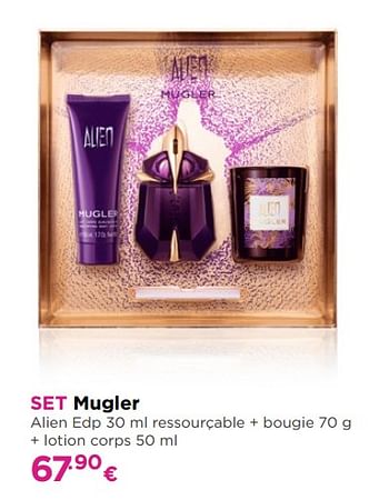Promoties Set mugler alien edp ressourçable + bougie + lotion corps - Mugler - Geldig van 01/10/2018 tot 31/10/2018 bij ICI PARIS XL