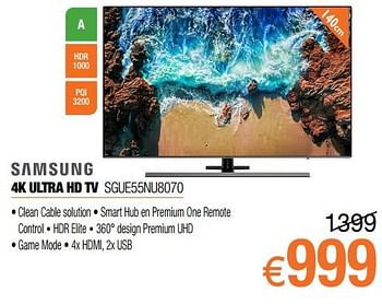 Promoties Samsung 4k ultra hd tv sgue55nu8070 - Samsung - Geldig van 01/10/2018 tot 31/10/2018 bij Expert