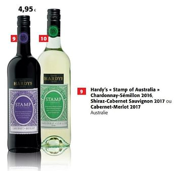 Promotions Hardy`s « stamp of australia » chardonnay-sémillon 2016, shiraz-cabernet sauvignon 2017 ou cabernet-merlot 2017 australie - Vins rouges - Valide de 10/10/2018 à 23/10/2018 chez Colruyt