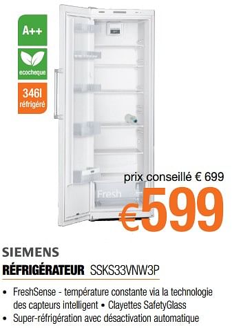 Promotions Siemens réfrigérateur ssks33vnw3p - Siemens - Valide de 01/10/2018 à 31/10/2018 chez Expert