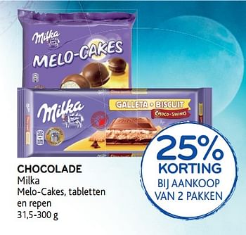 Promoties Chocolade milka melo-cakes, tabletten en repen 25% korting - Milka - Geldig van 24/10/2018 tot 06/11/2018 bij Alvo