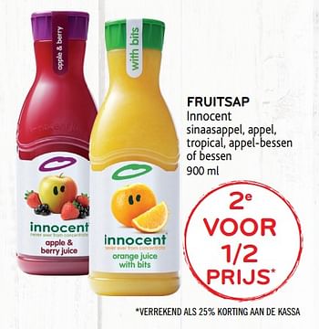 Promoties Fruitsap innocent sinaasappel, appel, tropical, appel-bessen of bessen - Innocent - Geldig van 24/10/2018 tot 06/11/2018 bij Alvo
