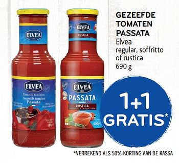 Promoties Gezeefde tomaten passata elvea regular, soffritto of rustica 1+1 gratis - Elvea - Geldig van 24/10/2018 tot 06/11/2018 bij Alvo