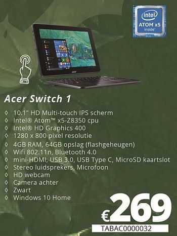 Promoties Acer switch 1 - Acer - Geldig van 05/10/2018 tot 30/11/2018 bij Compudeals