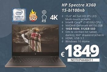 Promoties Hp spectre x360 15-bl100nb - HP - Geldig van 05/10/2018 tot 30/11/2018 bij Compudeals