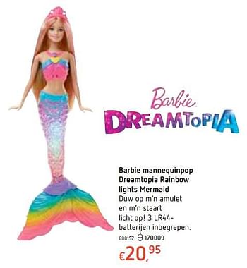 Promoties Barbie mannequinpop dreamtopia rainbow lights mermaid - Mattel - Geldig van 18/10/2018 tot 06/12/2018 bij Dreamland