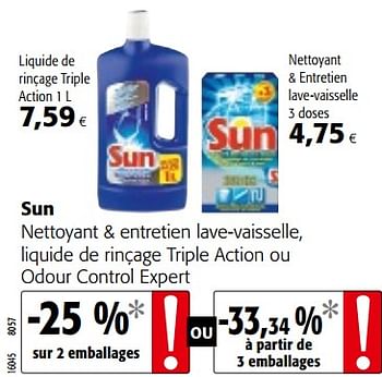 Promotions Sun nettoyant + entretien lave-vaisselle, liquide de rinçage triple action ou odour control expert - Sun - Valide de 10/10/2018 à 23/10/2018 chez Colruyt