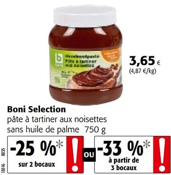 Promotions Boni selection pâte à tartiner aux noisettes sans huile de palme - Boni - Valide de 10/10/2018 à 23/10/2018 chez Colruyt