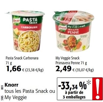 Promoties Knorr tous les pasta snack ou my veggie - Knorr - Geldig van 10/10/2018 tot 23/10/2018 bij Colruyt