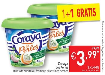 Promotions Coraya coraya les perles billes de surimi au fromage ail et fines herbes - Coraya - Valide de 16/10/2018 à 21/10/2018 chez Intermarche