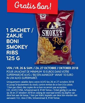 Promotions 1 sachet boni smokey ribs - Boni - Valide de 24/10/2018 à 06/11/2018 chez Alvo