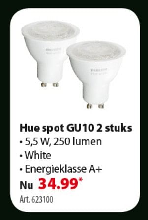 Promoties Hue spot gu10 2 stuks - Philips - Geldig van 24/10/2018 tot 30/10/2018 bij Gamma