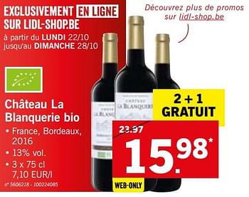 Promotions Château la blanquerie bio - Vins rouges - Valide de 22/10/2018 à 27/10/2018 chez Lidl