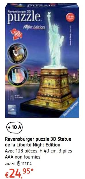 Promotions Ravensburger puzzle 3d statue de la liberté night edition - Ravensburger - Valide de 18/10/2018 à 06/12/2018 chez Dreamland