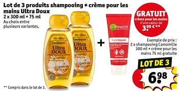 Promoties Lot de 3 produits shampooing + crème pour les mains ultra doux - Garnier - Geldig van 16/10/2018 tot 21/10/2018 bij Kruidvat