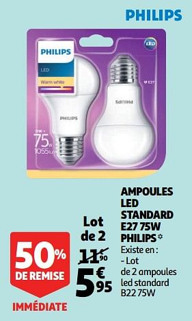 Promotions Ampoules led standard e27 75w philips - Philips - Valide de 17/10/2018 à 23/10/2018 chez Auchan Ronq