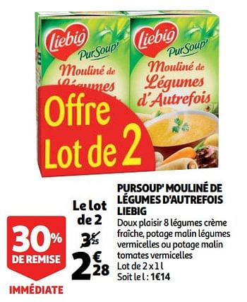 Promoties Pursoup` mouliné de légumes d`autrefois liebig - Liebig - Geldig van 17/10/2018 tot 23/10/2018 bij Auchan