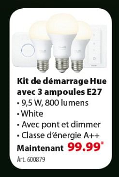 Promotions Kit de démarrage hue avec 3 ampoules e27 - Philips - Valide de 24/10/2018 à 30/10/2018 chez Gamma