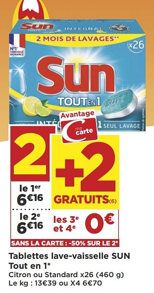 Promoties Tablettes lave-vaisselle sun tout en 1 - Sun - Geldig van 16/10/2018 tot 28/10/2018 bij Super Casino