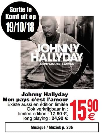 Promoties Johnny hallyday mon pays c`est l`amour - Huismerk - Cora - Geldig van 16/10/2018 tot 29/10/2018 bij Cora