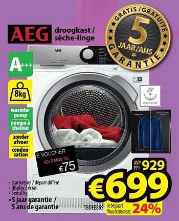 Promoties Aeg droogkast - sèche-linge t8dee86s - AEG - Geldig van 17/10/2018 tot 24/10/2018 bij ElectroStock