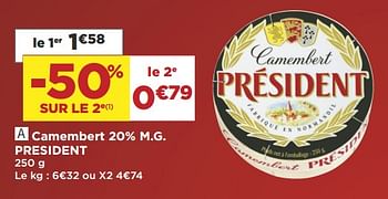 Promotions Camembert 20% m.g. president - Président - Valide de 16/10/2018 à 28/10/2018 chez Super Casino