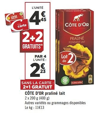 Promoties Côte d`or praliné lait - Cote D'Or - Geldig van 16/10/2018 tot 28/10/2018 bij Géant Casino