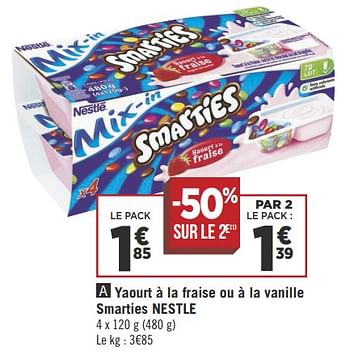 Promoties Yaourt à la fraise ou à la vanille smarties nestle - Nestlé - Geldig van 16/10/2018 tot 28/10/2018 bij Géant Casino
