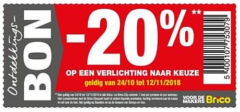 Promoties -20% op een verlichting naar keuze - Huismerk - Brico - Geldig van 24/10/2018 tot 12/11/2018 bij Brico