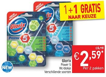 Promoties Glorix power 5 wc-blokje - Glorix - Geldig van 23/10/2018 tot 28/10/2018 bij Intermarche