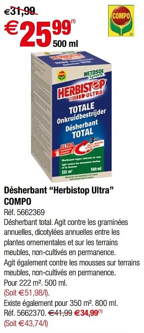 Promotions Désherbant herbistop ultra compo - Compo - Valide de 24/10/2018 à 12/11/2018 chez Brico