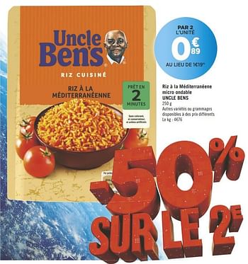 Promotions Riz à la méditerranéene micro ondable uncle bens - Uncle Ben's - Valide de 16/10/2018 à 28/10/2018 chez Géant Casino