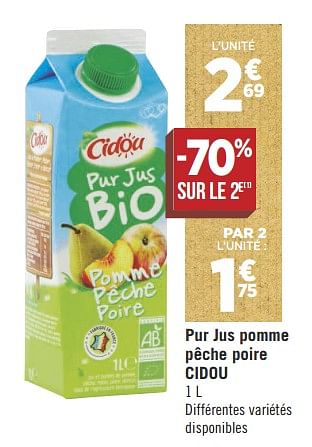 Promotions Pur jus pomme pêche poire cidou - Cidou - Valide de 16/10/2018 à 28/10/2018 chez Géant Casino
