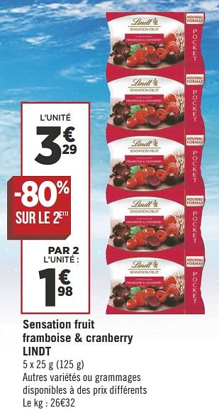 Promotions Sensation fruit framboise + cranberry lindt - Lindt - Valide de 16/10/2018 à 28/10/2018 chez Géant Casino