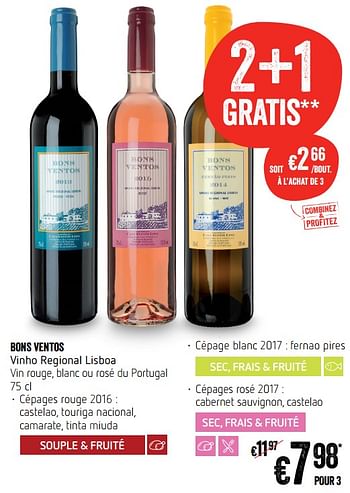Promotions Bons ventos vinho regional lisboa - Vins rouges - Valide de 18/10/2018 à 24/10/2018 chez Delhaize