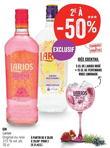 Promotions Gin larios original ou rosé - Larios - Valide de 18/10/2018 à 24/10/2018 chez Delhaize