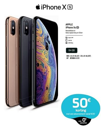 Promoties Apple iphone xs 64 gb - Apple - Geldig van 17/10/2018 tot 17/11/2018 bij Base