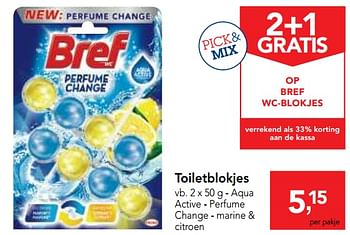 Promoties Toiletblokjes aqua active - perfume change - marine + citroen - Bref - Geldig van 24/10/2018 tot 06/11/2018 bij Makro