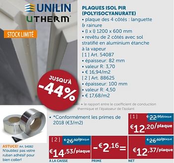 Promotions Plaques isol pir polyisocyanurate - Unilin - Valide de 23/10/2018 à 19/11/2018 chez Zelfbouwmarkt